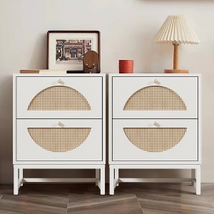 Resenkos White Nightstand Set of 2 for Bedroom, Wood Rattan Bedside Table Living Room End Table - 1 of 4
