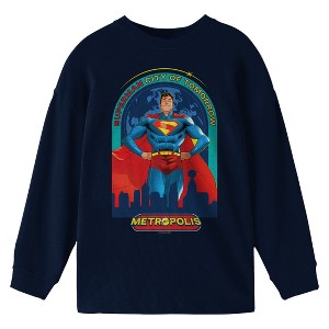 Superman Movie 2025 Superhero, Man of Steel, DC Comics, Superpowers, Crypto, S, Metropolis, City of Tomorrow on Navy Long Sleeve Youth T-Shirt - 1 of 3