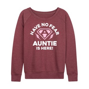 Women's - Instant Message - Have No Fear Auntie Is Here Lightweight French Terry Wide Neck Long Sleeve Graphic Shirt - 1 of 4