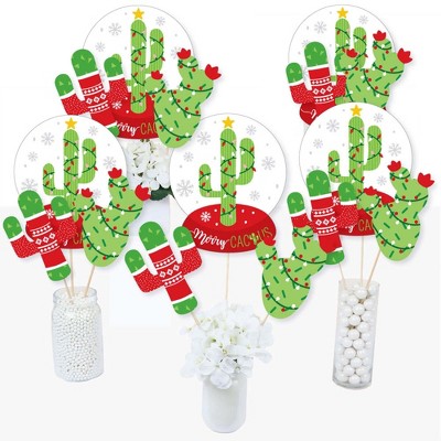 Big Dot of Happiness Merry Cactus - Christmas Cactus Party Centerpiece Sticks - Table Toppers - Set of 15