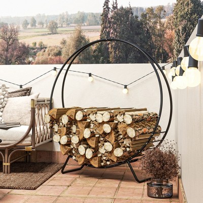 48" Black Powder-Coated Steel Firewood Rack with Waterproof Cover