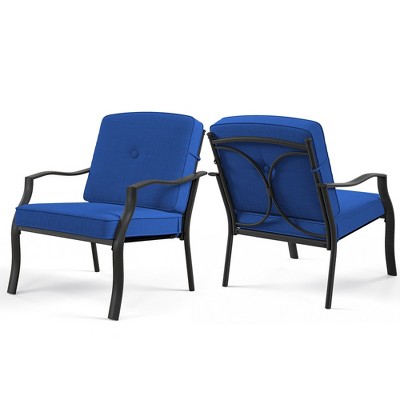 Tangkula 2 PCS Patio Metal Chairs Outdoor Dining Seat Heavy Duty w/ Cushions Garden Blue