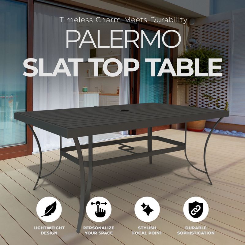 Four Seasons Courtyard Palermo Slat Top Table with Aluminum and Powder Coated Frame and Umbrella Hole for Outdoor Dining Tables, Gray, 2 of 7