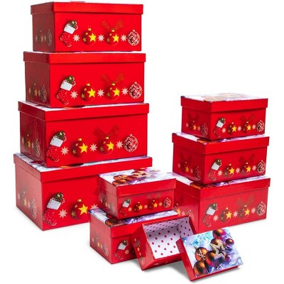 Bright Creations 10 Pack Red Nesting Christmas Gift Boxes with Lids for Presents, Stackable Nested Holiday Gift Wrap, 10 Sizes