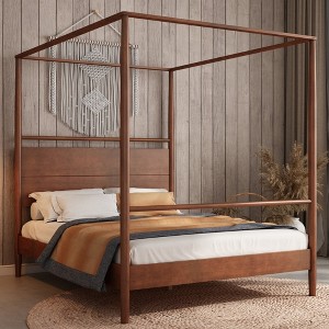 Merax Modern Rustic Solid Wood Canopy Bed Frame with Built-in Headboard - 1 of 4