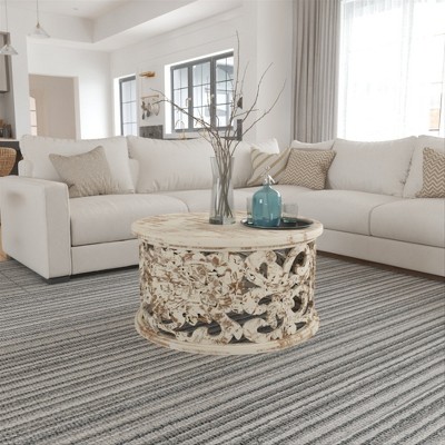 Royal Hampton Alina Coffee Table Handcrafted Mango Wood Floral Carved Cut Out Design Distressed White Finish 33 Inch
