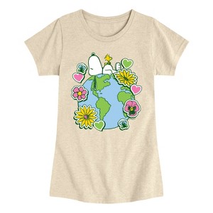 Girls' - Peanuts - Snoopy Woodstock Earth Stickers Fitted Short Sleeve Graphic T-Shirt - 1 of 4