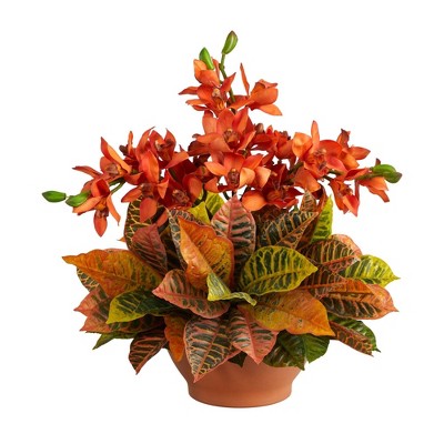 Nearly Natural 21-in Cymbidium Orchid and Croton Artificial Arrangement in Terra Cotta Vase