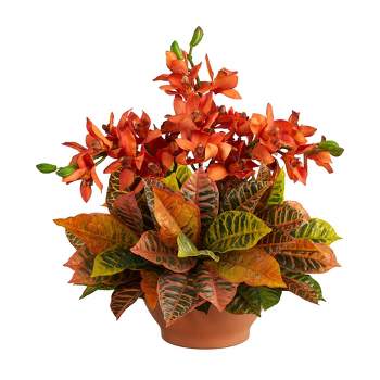 Nearly Natural 21-in Cymbidium Orchid and Croton Artificial Arrangement in Terra Cotta Vase