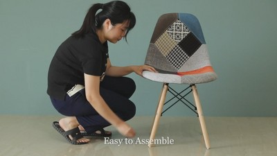 Multicolor Patchwork Upholstered Side Chair with Wooden Legs