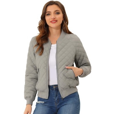 Allegra K Women's Quilted Zip-up Raglan Sleeves Bomber Jacket Gray X-small  : Target