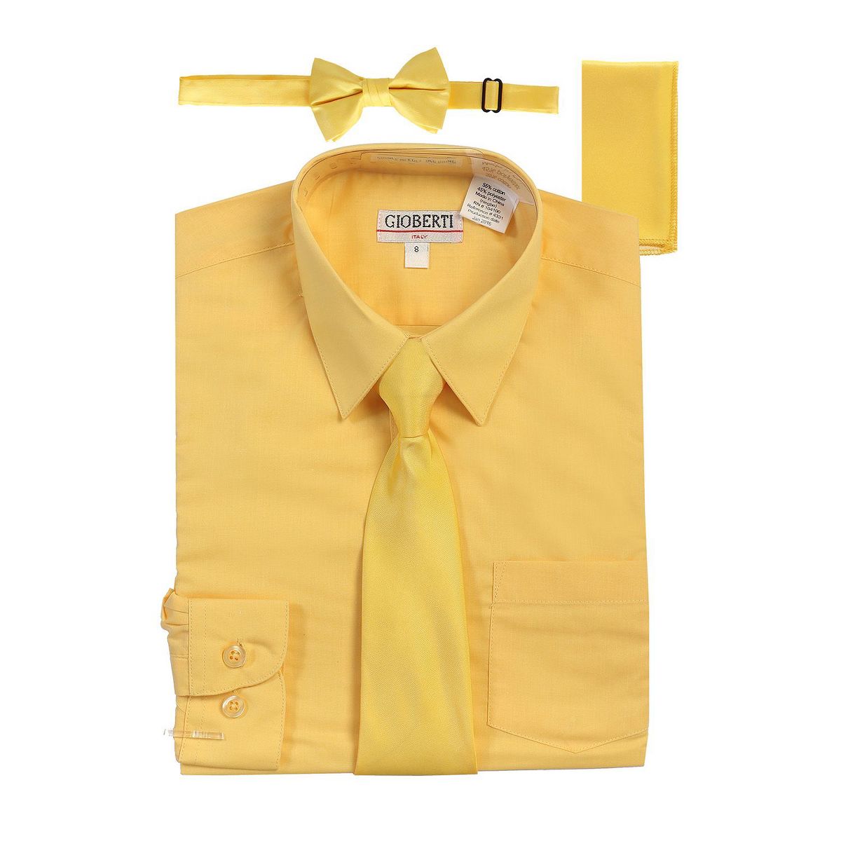 Gioberti Boy's Long Sleeve Dress Shirt with Zippered Tie, Bow Tie, and Handkerchief Set