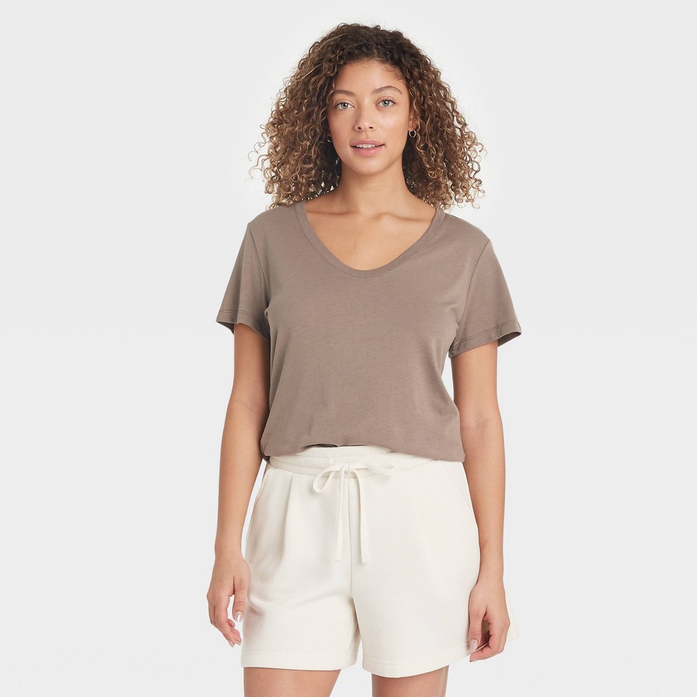 Size XXL Women's Short Sleeve Slim Fit Scoop Neck T-Shirt - A New Day Brown 