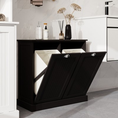 GlasFlength Decorative Storage Cabinet 2-Compartment Tilt-Out Laundry Sorter Cabinet, for Laundry and Bathroom, Black, 32.60"*14.48"*31.52"