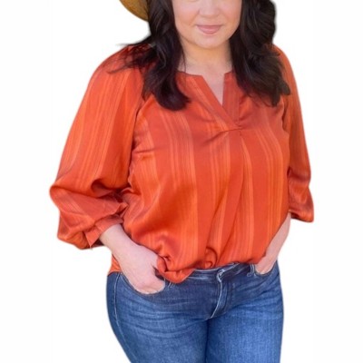 Women's Stripe Satin Bubble Sleeves Blouse - umgee
