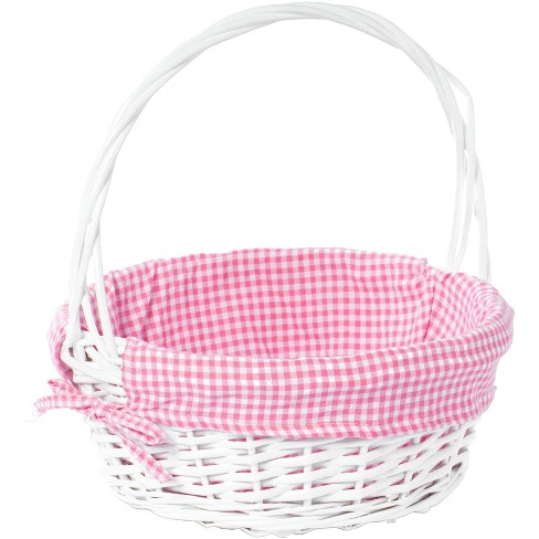 Wickerwise White Round Willow Gift Basket, With Pink And White Gingham ...