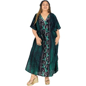 LA LEELA Women's Summer Batik Caftan Loungewear House Dashiki Dress Kaftan Nightshirts for Women Sleepwear Plus size 2X-3X Green, Floral - 1 of 4