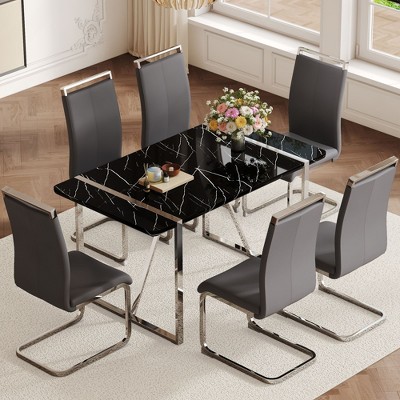 NicBex 5 PCS/7 PCS MDF Dining Table Set,4/6 PU Chairs with C-Tube Metal Legs for Dining Meeting Room