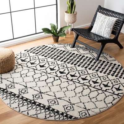Ivory and Black Round Synthetic Moroccan Area Rug