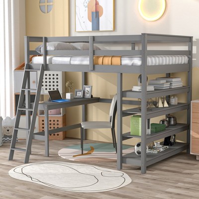 Full Size Wooden Loft Bed With Desk, Ladder And Shelves, Gray ...