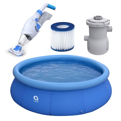 JLeisure 12 Ft x 30" Inflatable Outdoor Swimming Pool Bundle w/ Pool Filter Cartridge Pump, Filter Cartridge Replacement Part, & Handheld Pool Vacuum