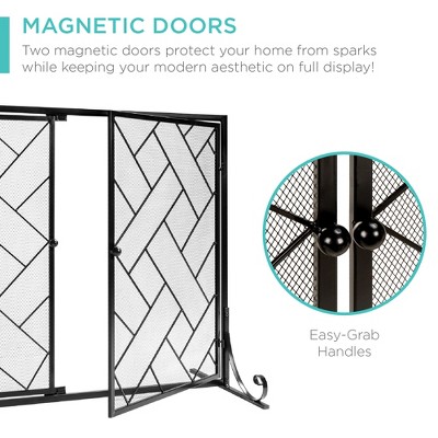 Black Wrought Iron Geometric Fireplace Screen with Magnetic Doors