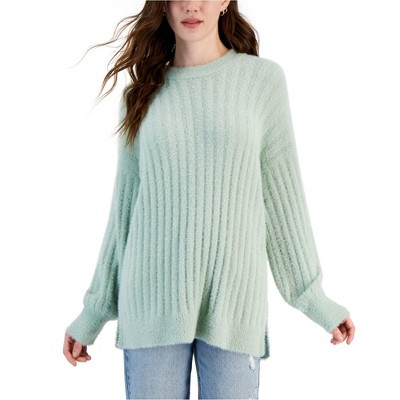 Hippie Rose Womens Ribbed-Knit Eyelash Pullover Sweater, Green, Small