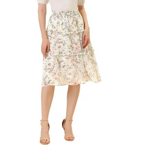 Allegra K Women's Floral Print Smocked Elastic Waist Midi Flowy Tiered Ruffle Skirt - 1 of 4