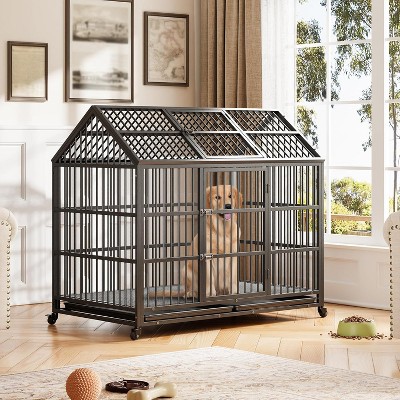 Garvee 42 Inch Heavy Duty Foldable Dog Crate with Removable Tray Wheels Dual Feeding Doors and Divider