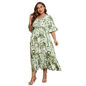 Women's Plus-Size Summer Dresses Floral Short Sleeve Long High Waist A-Line Pleated Layers Dress - 1 of 4