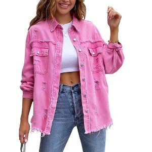 Clearlove Womens Oversized Ripped Denim Jacket Frayed Hem Button Basic Fall Coats Jean Jackets with Pockets - 1 of 4