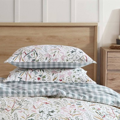 Twin White Cotton Reversible Floral Comforter Set
