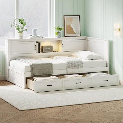 Streamdale Corner Captain Bed with Drawer, Bookcase, LED Lights, USB Port, Full Size
