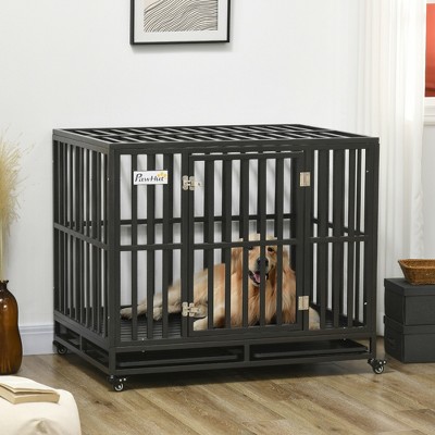 Heavy Duty Black Steel Rolling Dog Crate with Lockable Wheels