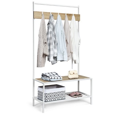COSTWAY 3 in 1 Industrial Coat Rack Shoe Bench Entryway Hall Tree Storage Shelf w/ Hooks