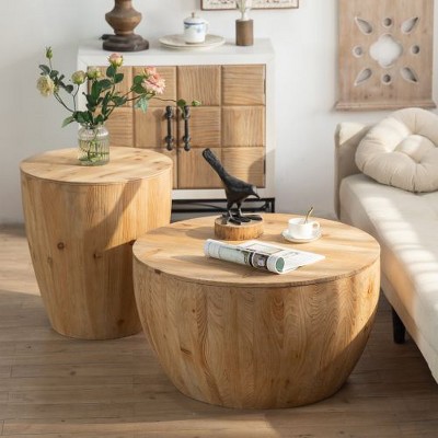 CENGHU Vintage Style Bucket Shaped Coffee Table Set with Storage, Mod Side Table, Tea Table, Nightstand for Living Room, Bedroom, 2PCS