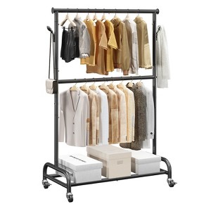 Rolling Clothes Rack with Adjustable Crossbar & Side Hooks, Heavy-Duty Carbon Steel, 150 lbs Load - 1 of 4