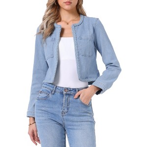 INSPIRE CHIC Women's Denim Collarless Long Sleeve Pockets Open Front Crop Jean Jackets - 1 of 4