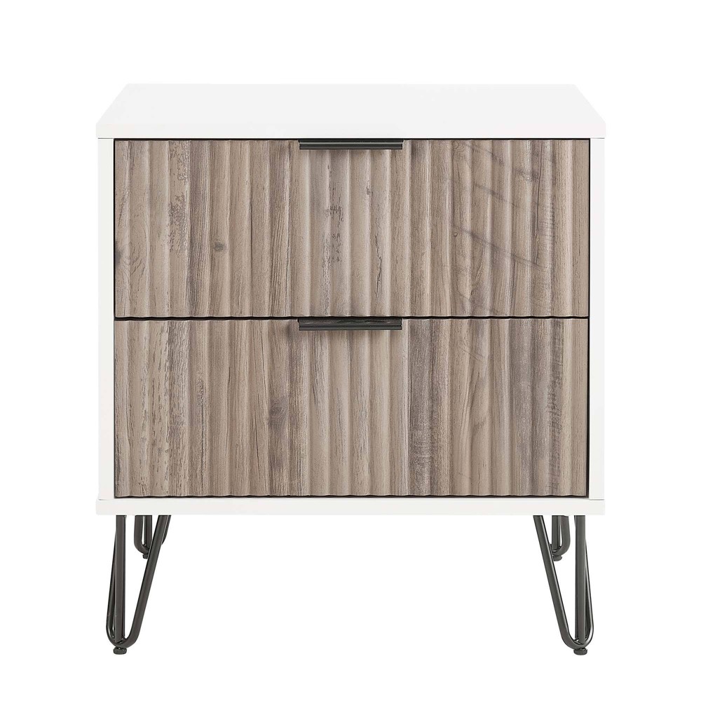 Manhattan Comfort Dumbo 2 Drawer Nightstand White/Rustic Gray: Modern Bedside Table with Metal Glides, MDF Frame