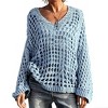 Women's V Neck Long Sleeve Open Knit Sweater Oversized Cutout Tops - 2 of 4