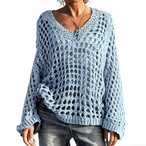 Womens V Neck Knit Long Sleeve Hollow Cover Up Beach Shirt - 1 of 4