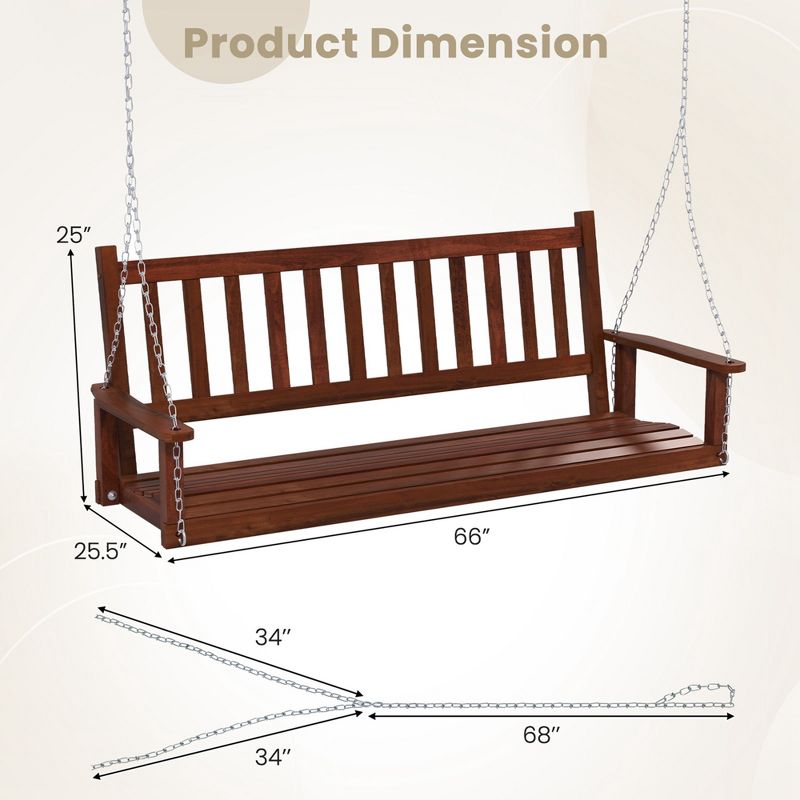 Costway 3-Person Wooden Outdoor Porch Swing Heavy Duty Patio Hanging Bench Chair Brown/White, 4 of 11
