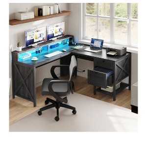 60Inch Modern L Shaped Desk With Charging Station And File Drawer, Wood Computer Desk Game Desk With LED Lights For Office, Furniture For Home - 1 of 4