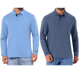 INSPIRE CHIC Men's Contrast Button Collared Pocket Long Sleeves Polo T-Shirts 2 Packs - 1 of 4