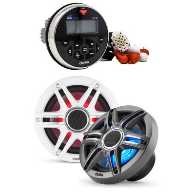 Clarion GR1BT Digital Media Receiver (Gauge Style) with CMSP-651RGB-SWG 6.5-inch Premium Marine Coaxial Speakers, Sport Grilles RGB LED Lighting