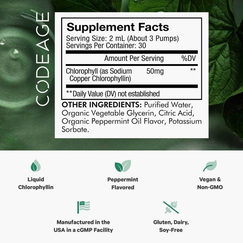 Codeage Chlorophyll Liquid Drops, Vegan Peppermint Oil - Herbal Cleanse Supplement - 60 ml, 3 of 15