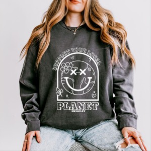 Simply Sage Market S.W.Smiley Support Your Local Planet Lightweight Garment Dyed Sweatshirt - 1 of 4