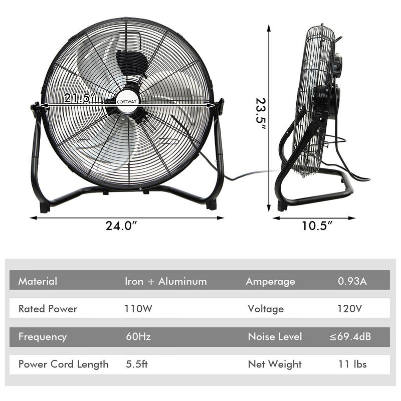 Tangkula 20" High Velocity Floor Fan, 3 Speed Fan w/Portable Handle, Adjustable Tilt Angle, Heavy-duty Metal Commercial & Residential Fan, 4 of 11