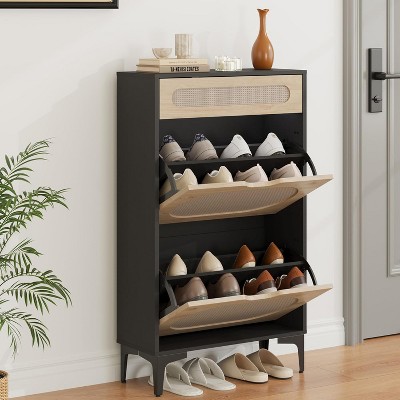 Rattan Shoe Cabinet w/ 3 Drawers, Adjustable Shelf, Narrow Entryway Storage for Porch/Hallway