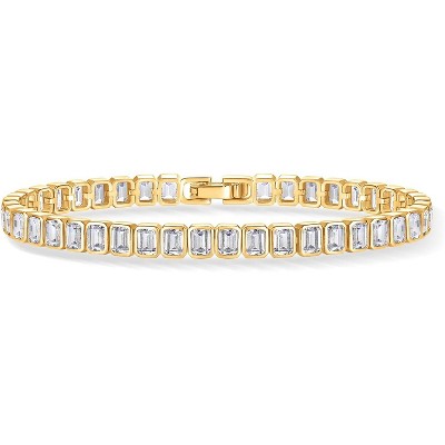 14K-18K Gold Plated Simulated Diamonds Bezel Set Tennis - Round Pear Heart Statement Bride Gold Bracelet Stack - Sizes 6.5-7.5 Inch
